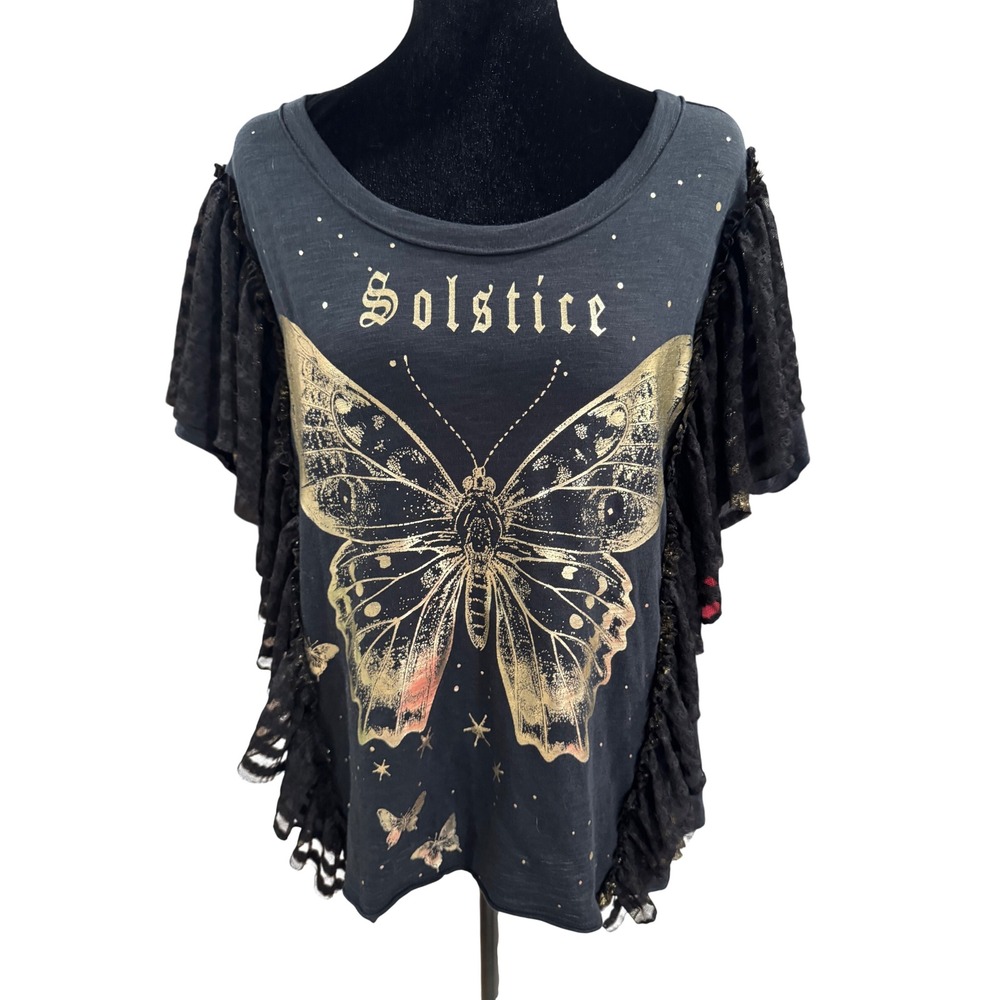 Pilcro Anthropologie Solstice Butterfly Graphic Tee Ruffle Lace Sleeve Black M - Picture 2 of 7